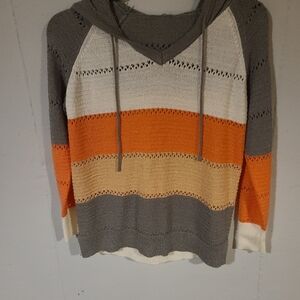 Striped Gray, Orange, and Cream Women's Sweater. Size Medium